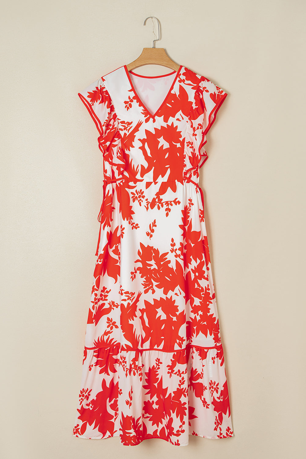 Red Floral Print Trimmed V Neck Ruffle Sleeve Maxi Dress