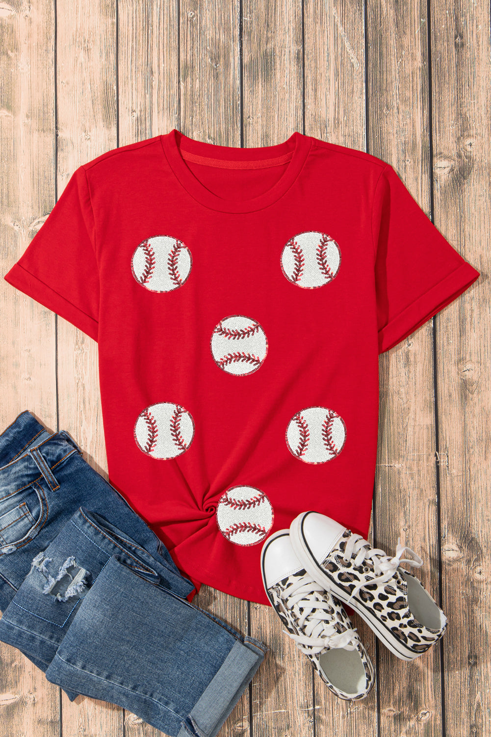 Red Sequin Baseball Pattern Crew Neck Game Day T Shirt