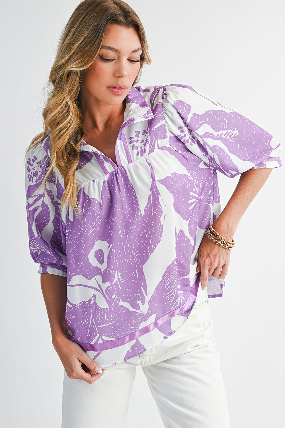Purple Floral V-Neck Bubble Sleeve Blouse