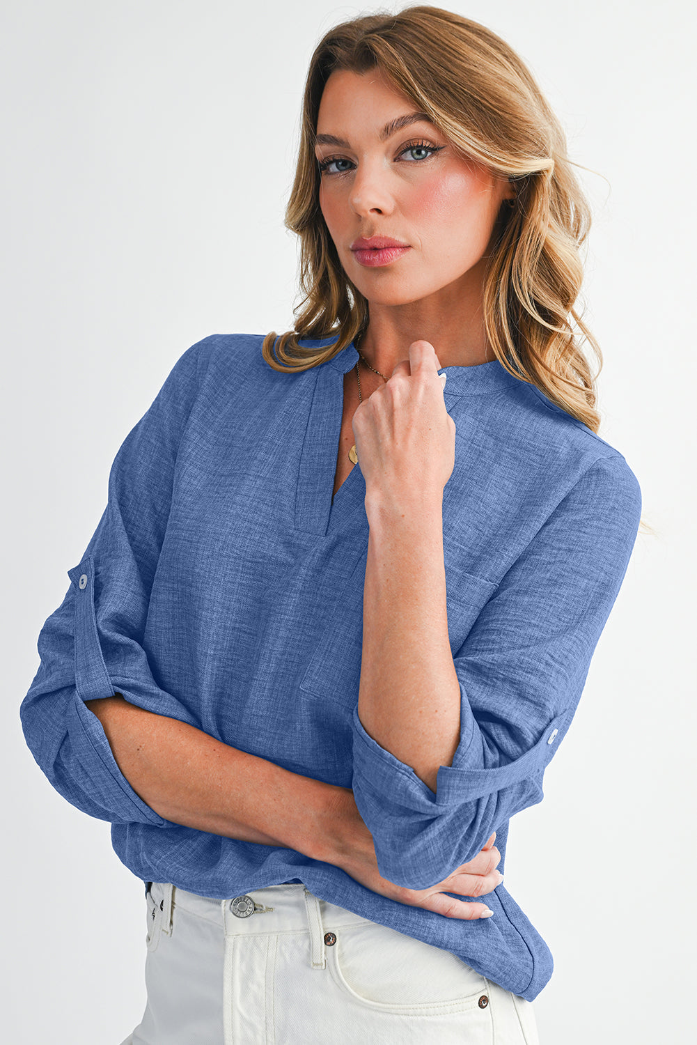 Ashleigh Blue Chest Pocket V Neck Plain Roll-up Sleeve Blouse
