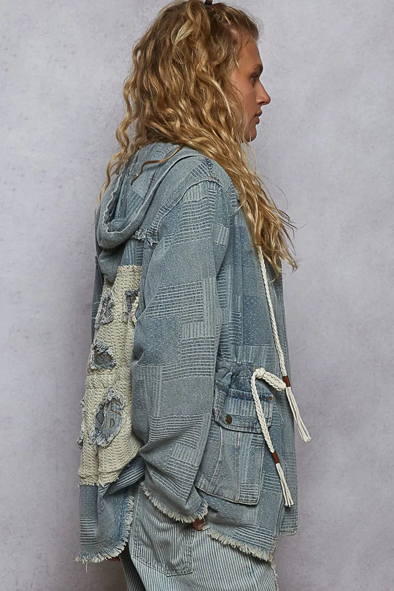 Raw Hem Drawstring Zip Up Hooded Denim Jacket