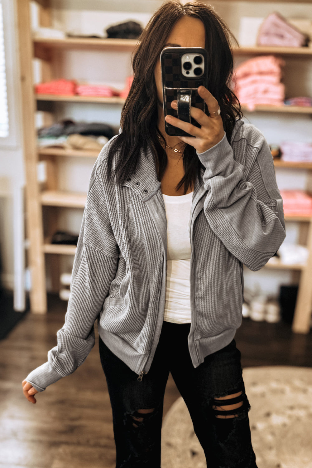 Gray Waffle Splicing Zip Up Front Button Hooded Jacket