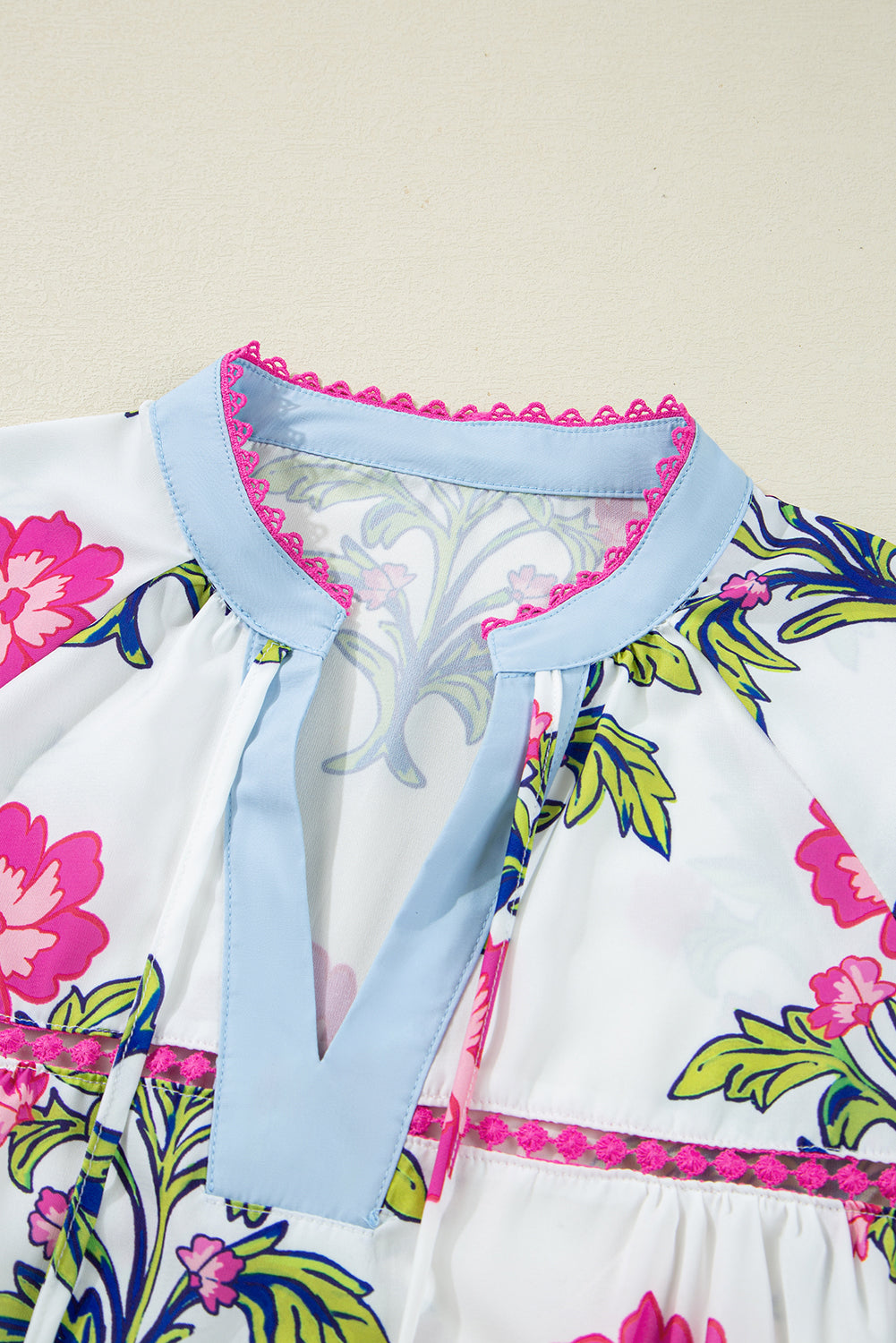 Rose Vintage Floral Print Notched V Neck Plus Size Blouse