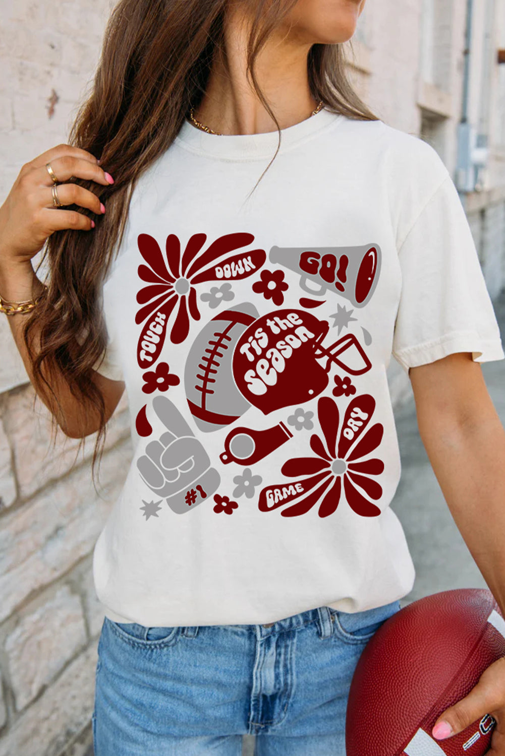 White Touch Down Game Day Tis Season Graphic Crew Neck Tee