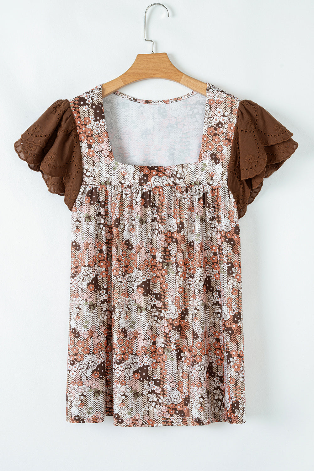 Khaki Floral Patchwork Flowy Sleeve Plus Size Blouse