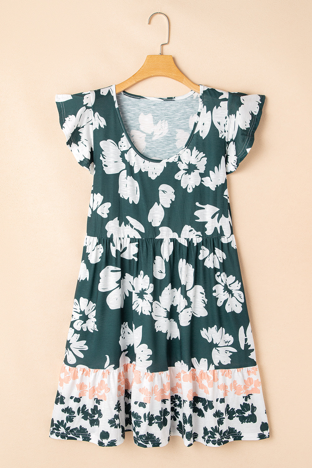 Dark Green Floral Print Ruffle Sleeve Empire Waist Mini Dress
