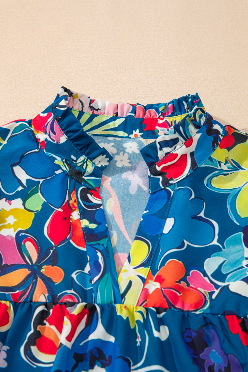 Blue Flower Print Notch V Neck Puff Sleeve Babydoll Blouse