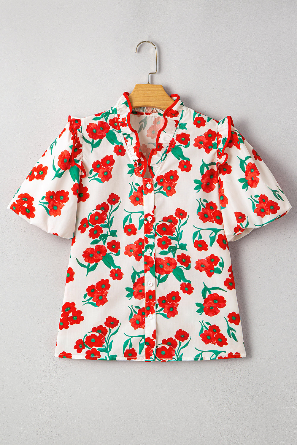 Red Floral Print Ruffle Puff Sleeve Summer Shirt