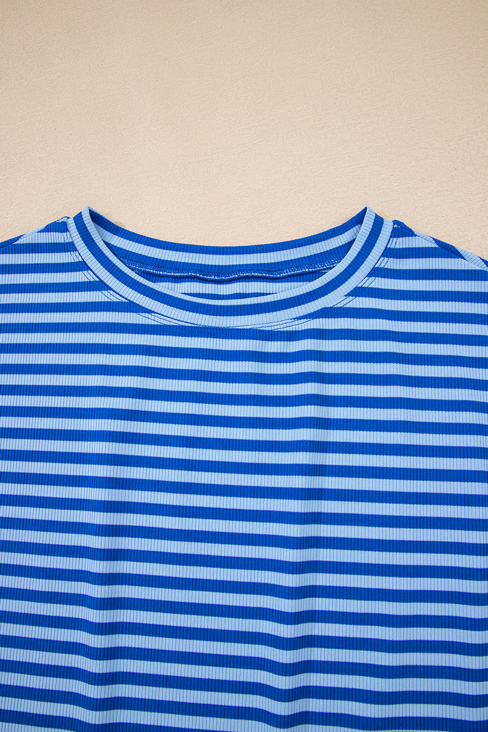 Sky Blue Stripe Ribbed Cap Sleeve Round Neck T Shirt