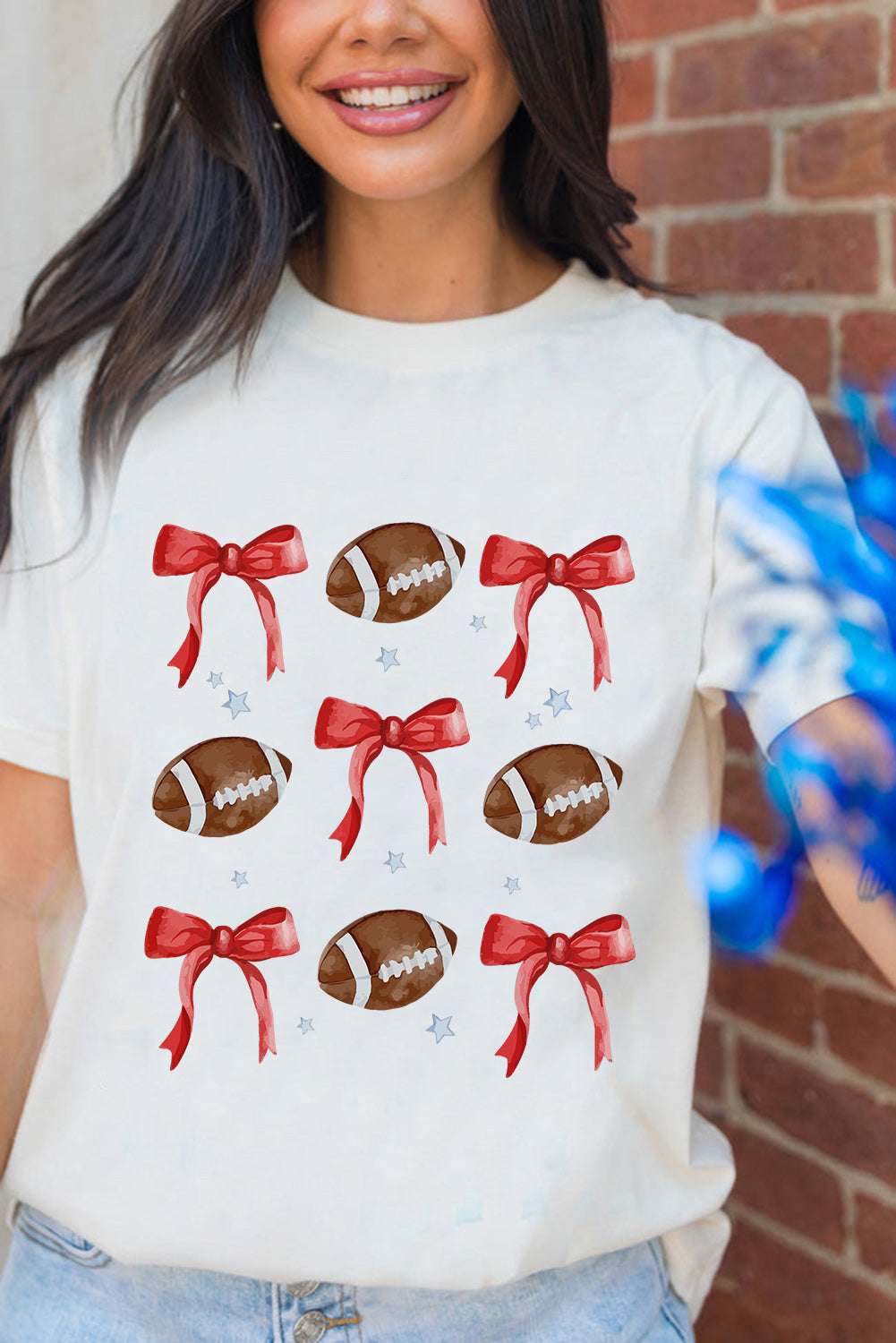 White Football and Bow Graphic Crewneck Tee