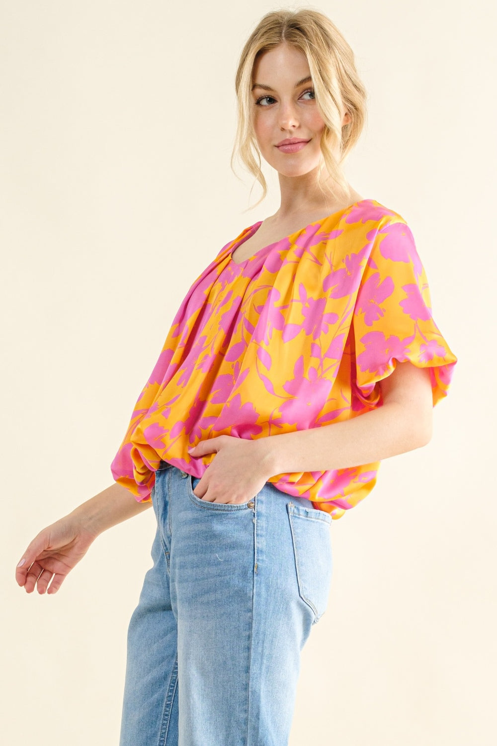 And The Why Full Size Printed Satin Bubble Hem Top-2