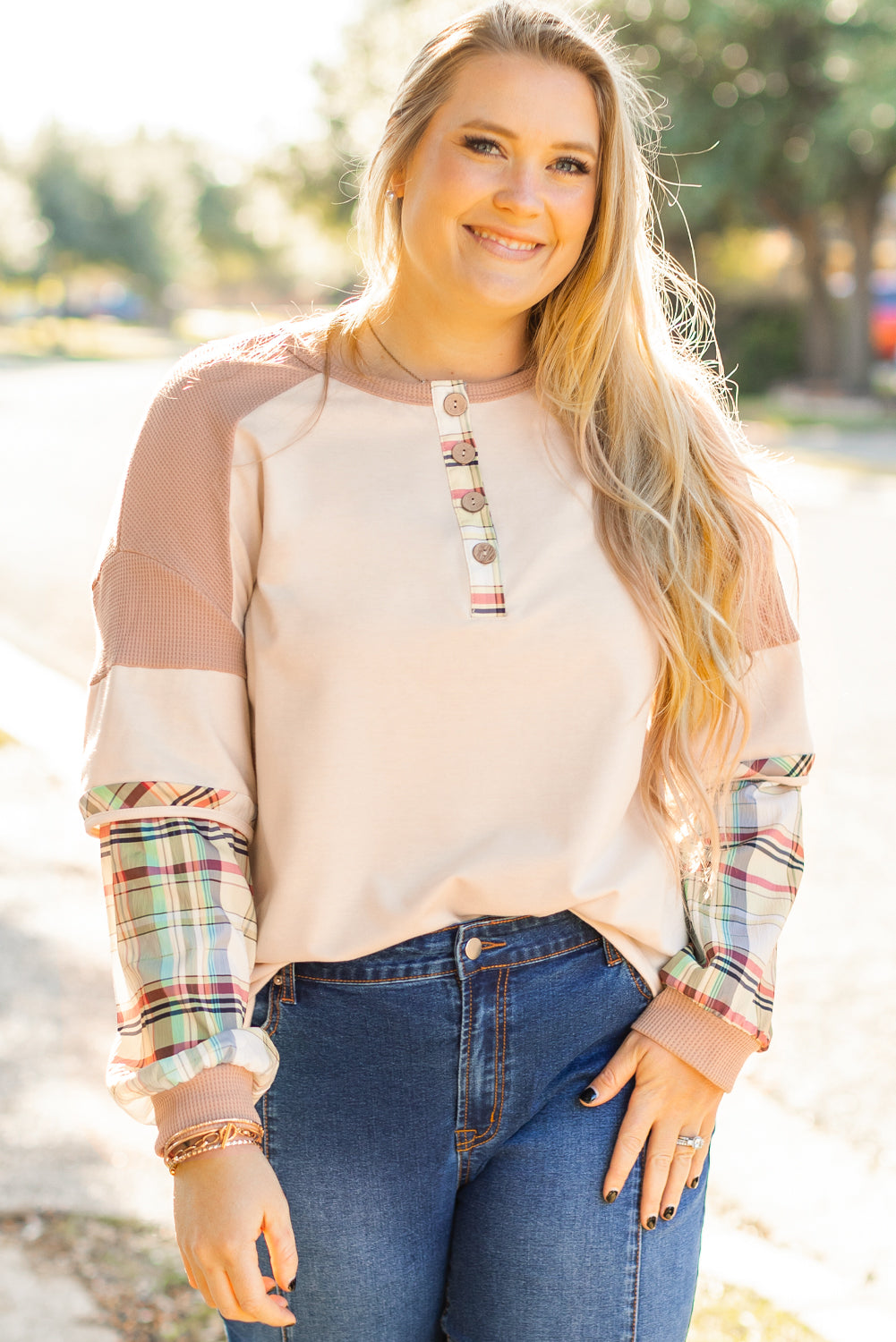 Parchment Plus Size Plaid Waffle Patchwork Henley Top