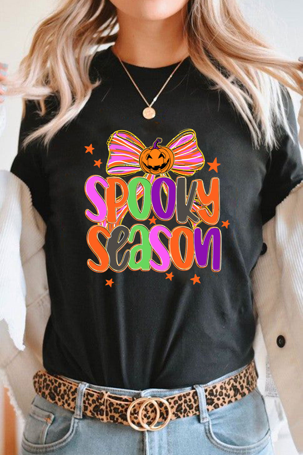 Black SPOOKY SEASON Halloween Pumpkin Bow Print T Shirt