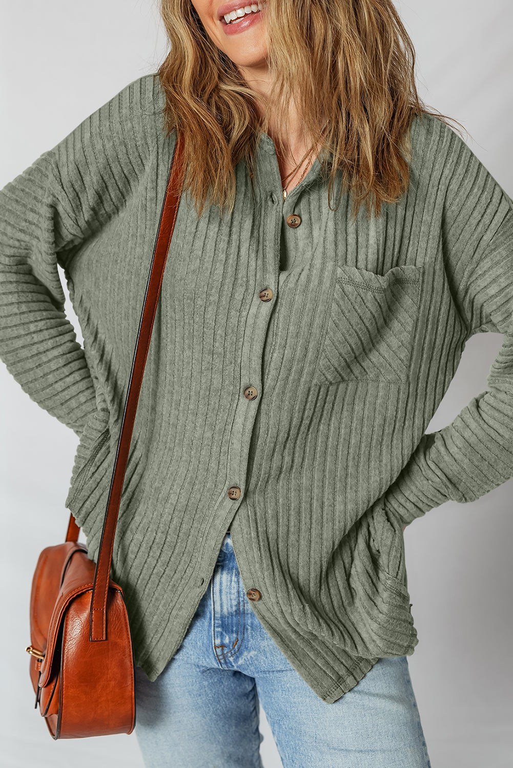 Mist Green Thermal Ribbed Texture Drop Shoulder Button Up Shirt