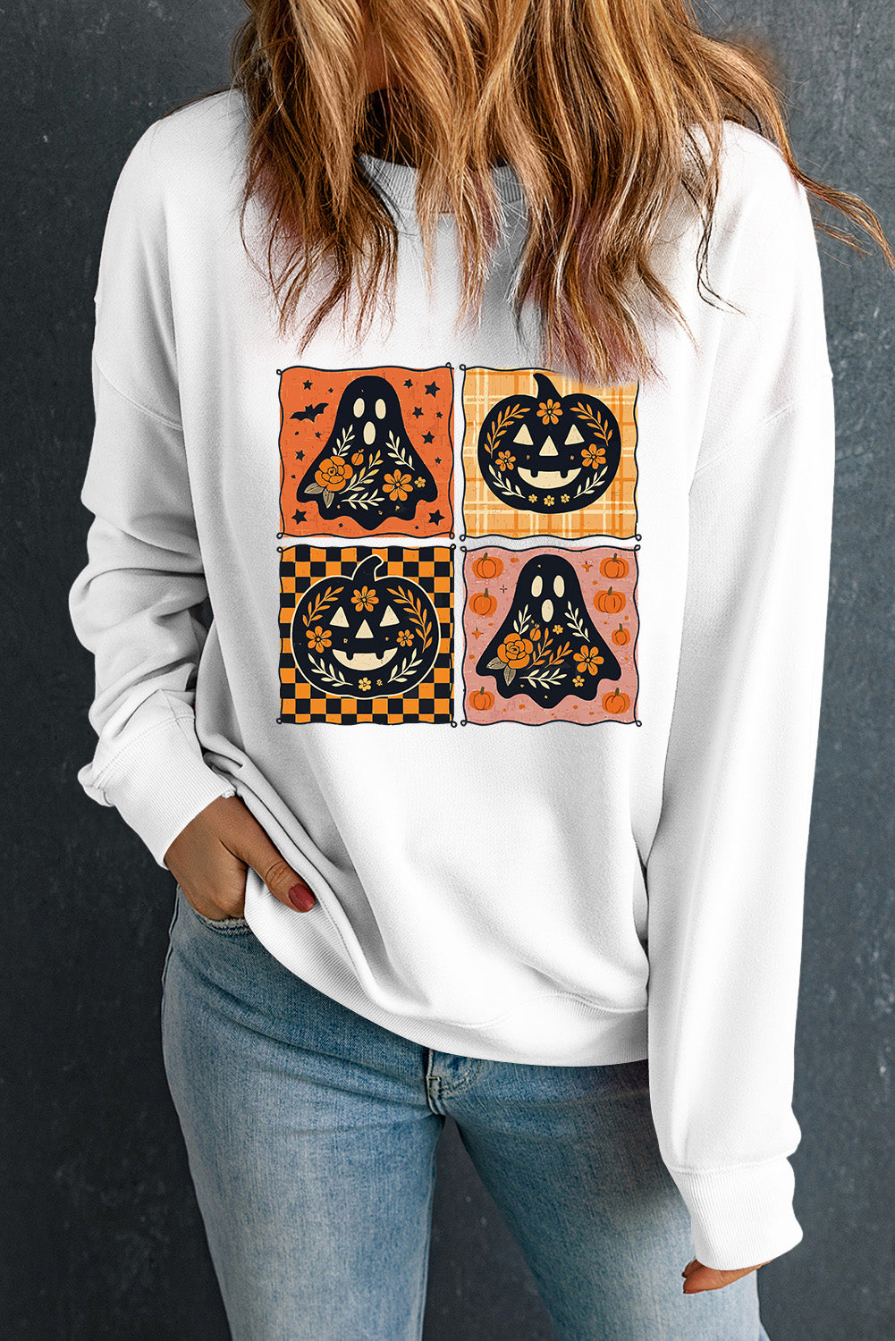 White Halloween Ghost Pumpkin Face Floral Checkered Graphic Sweatshirt