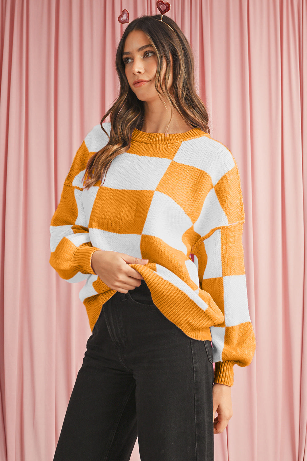 Orange & White Plaid Exposed Seam Bishop Sleeve Sweater