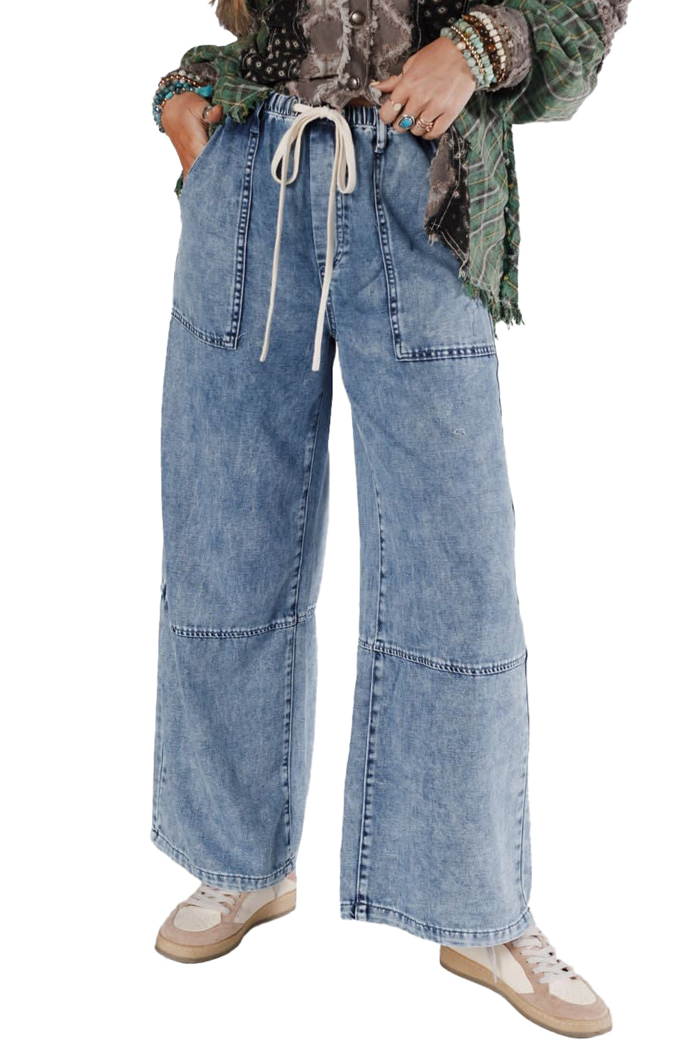 Ashleigh Blue Acid Wash Exposed Seam Drawstring High Waist Jeans