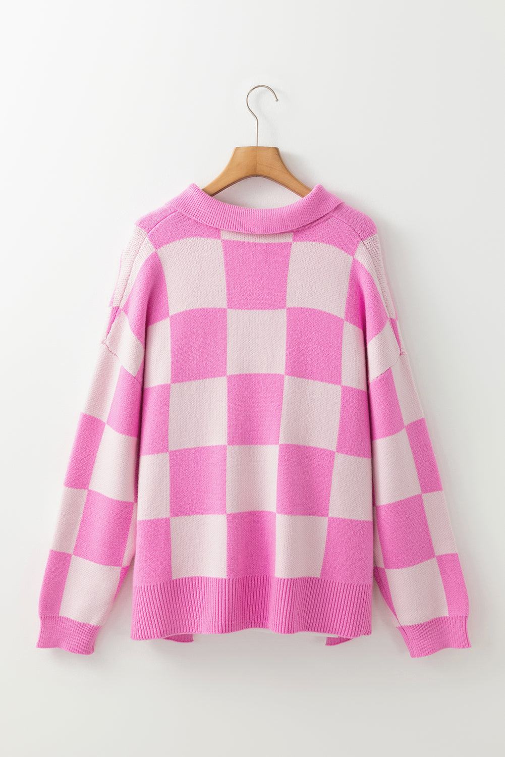 Pink Checkered Button Collared Sweater