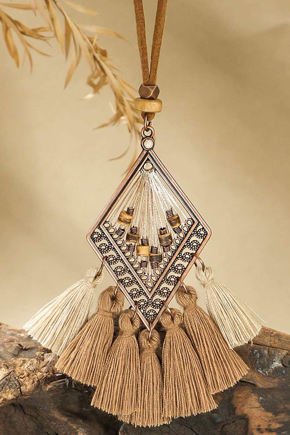 Chestnut Boho Tassel Fringe Necklace with Leather Cord