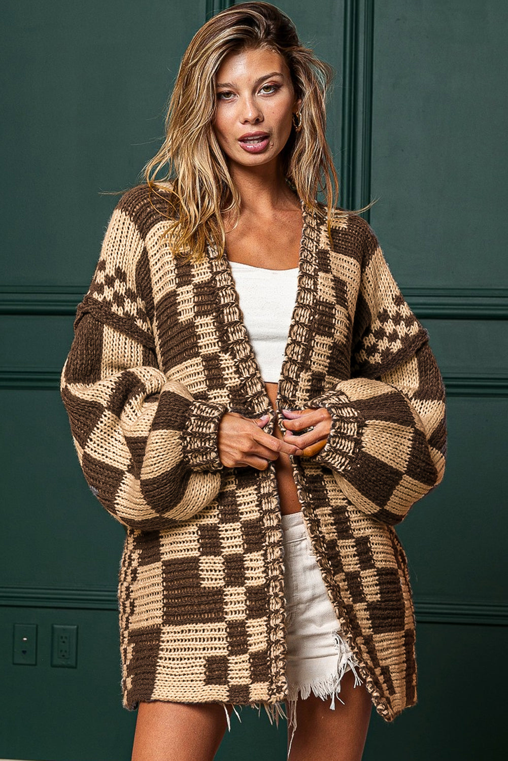 Dark Brown Colorblock Checked Loose Fit Open Front Knitted Cardigan