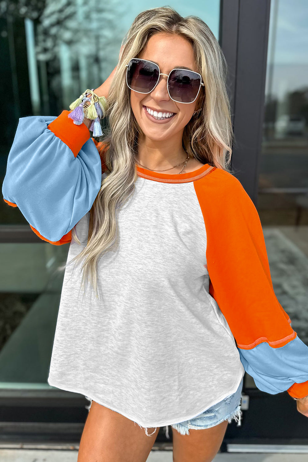 Light Grey Colorblock Raglan Sleeve Loose Fit Top