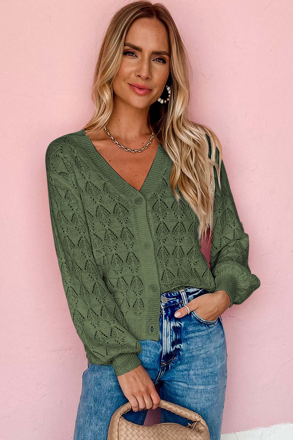 Green Lightweight Buttoned Front Crochet Cardigan