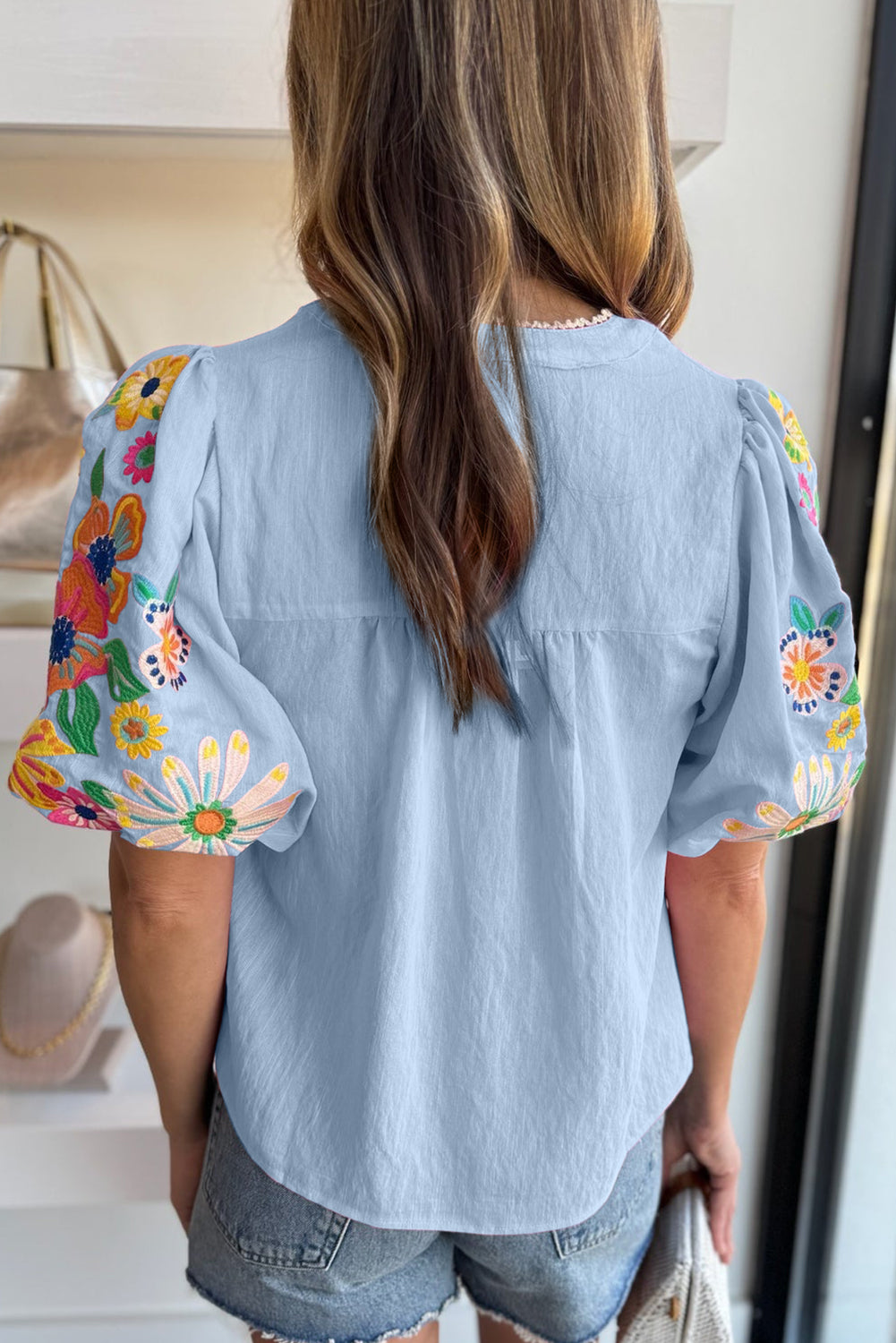 Beau Blue Floral Embroidered Puff Sleeve Split Neck Blouse