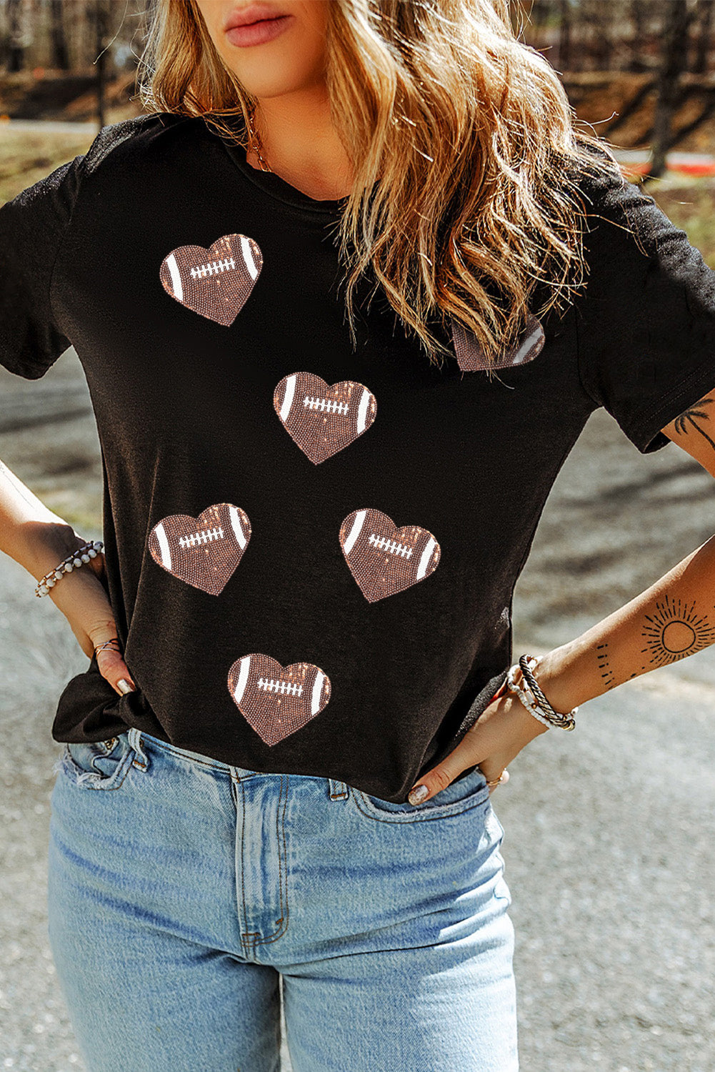 Black Football Sequin Heart Patched Graphic Tee