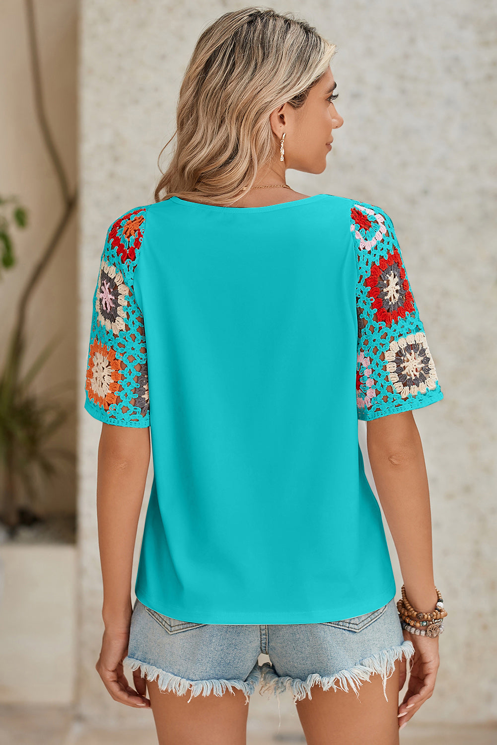 Turquoise Boho Hollowed Floral Crochet Sleeve T Shirt