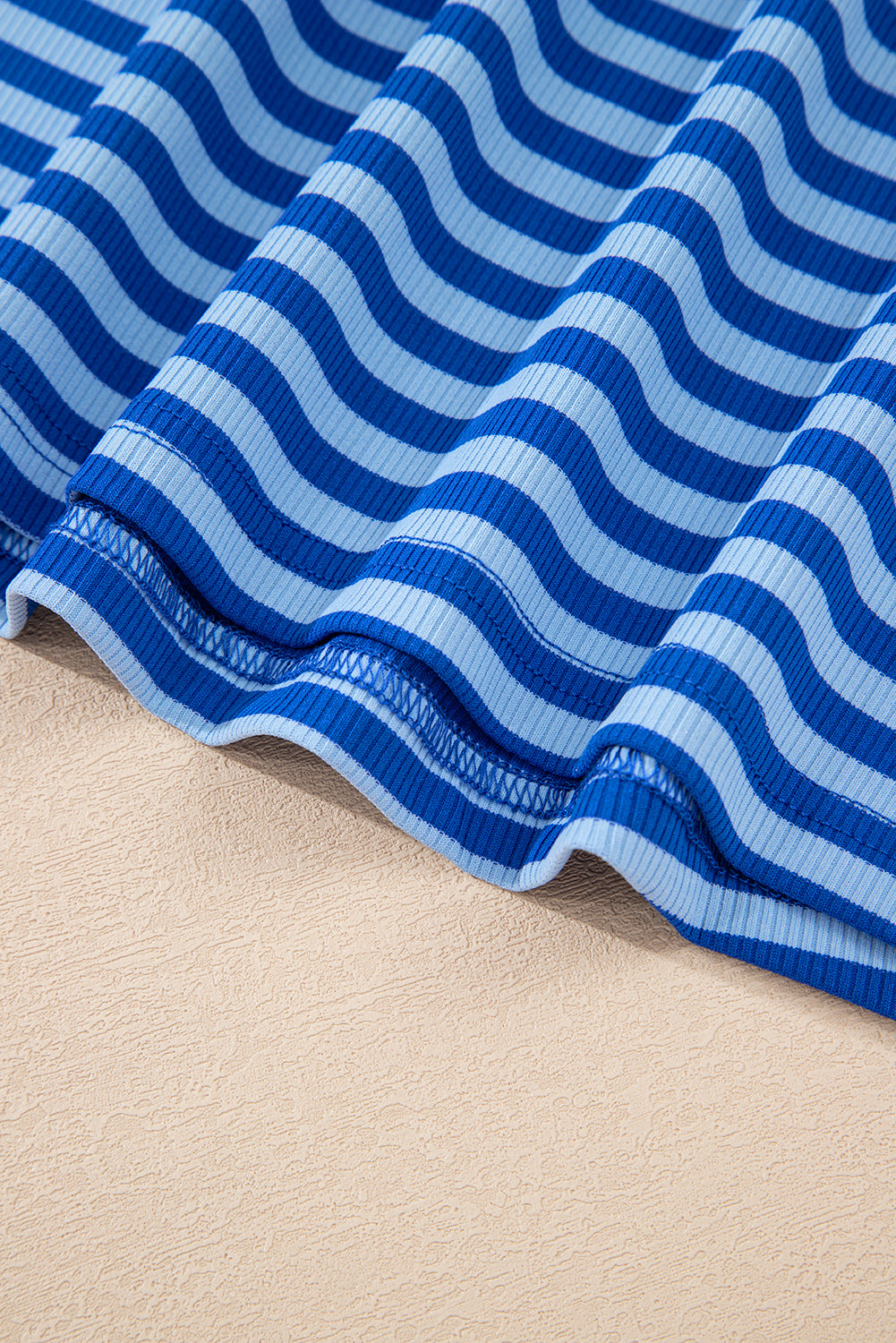 Sky Blue Stripe Ribbed Cap Sleeve Round Neck T Shirt