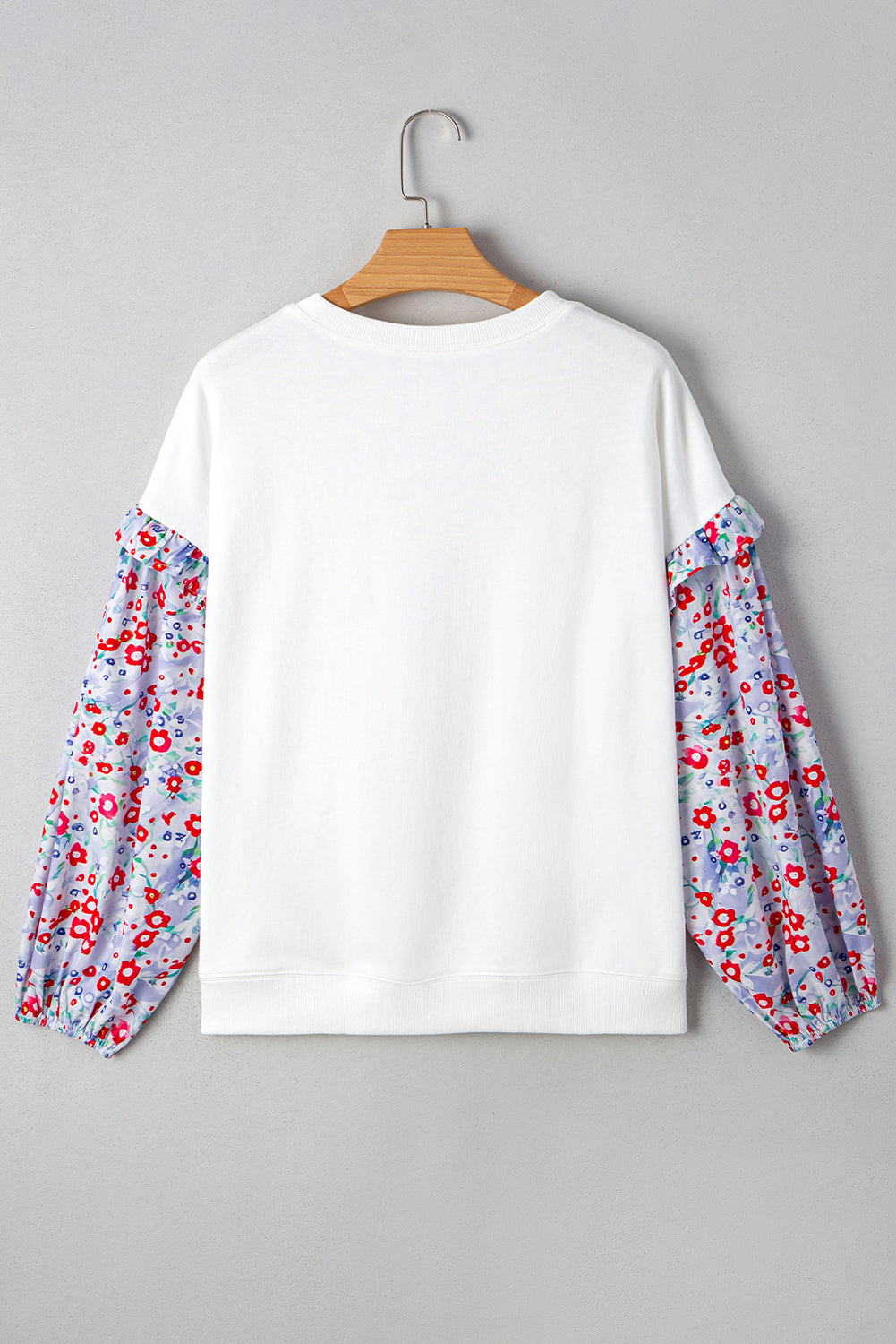 White Floral Ruffle Balloon Sleeve Patchwork Loose Blouse