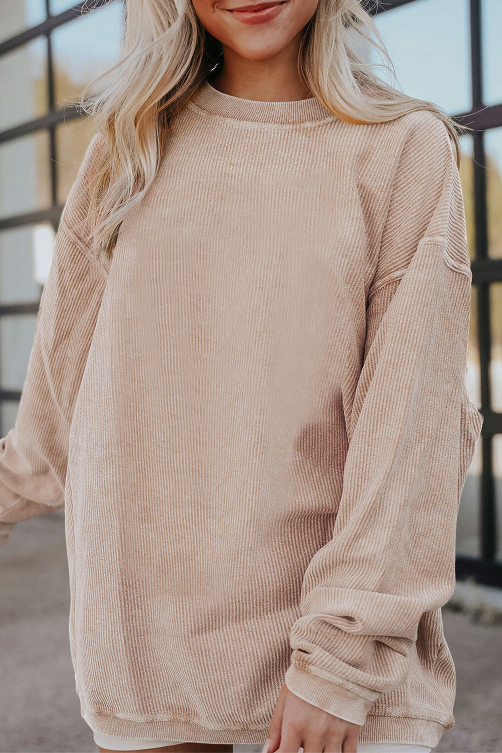 Apricot Drop Shoulder Rib Knit Oversized Sweatshirt