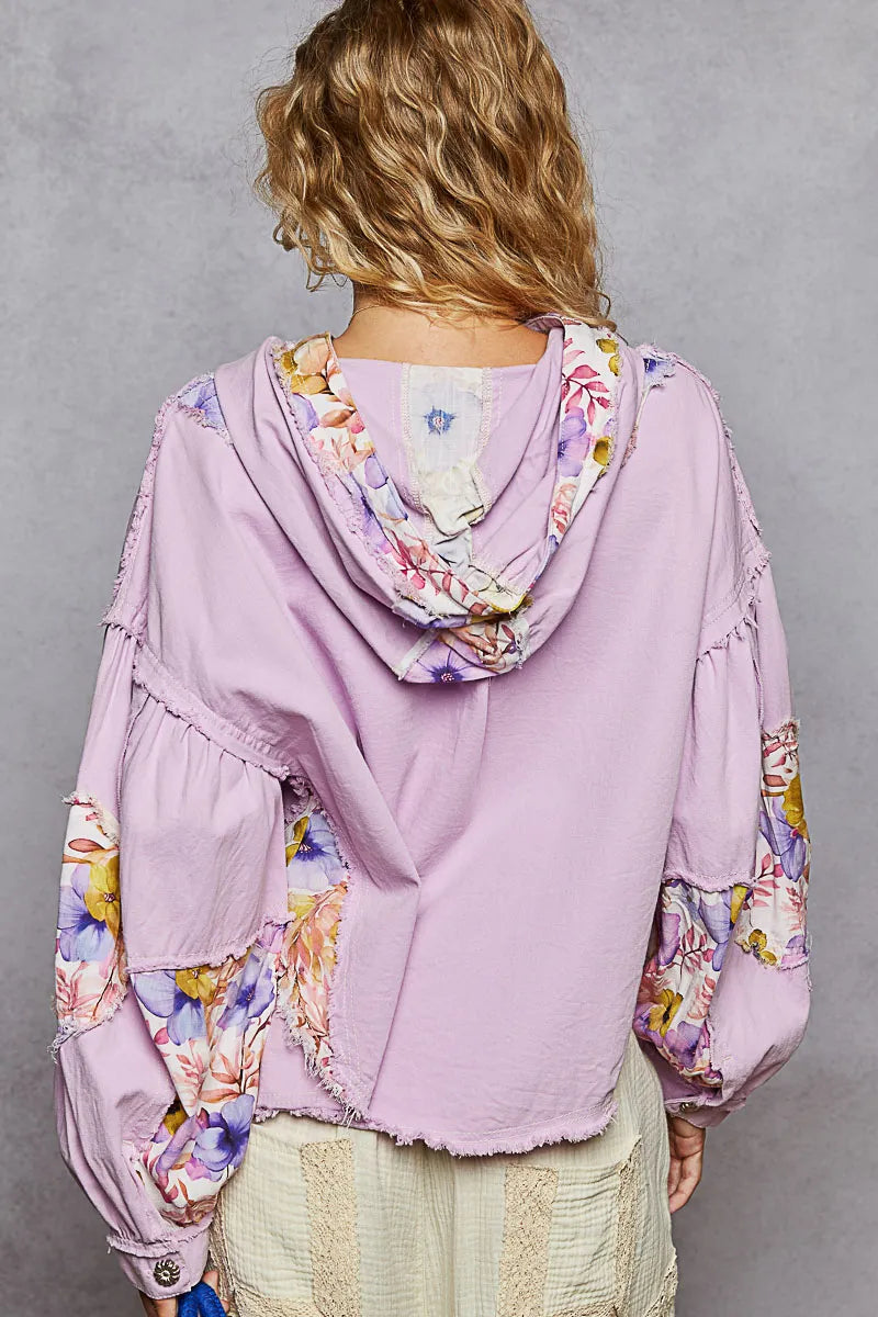 Raw Hem Floral Print Cropped Hooded Jacket