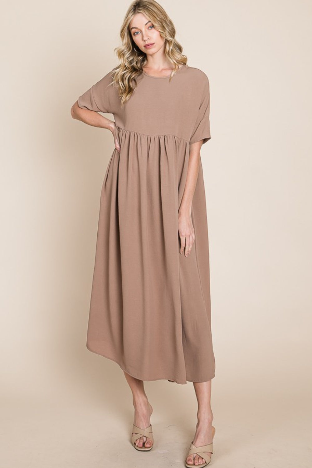 BOMBOM Round Neck Ruched Midi Dress-4