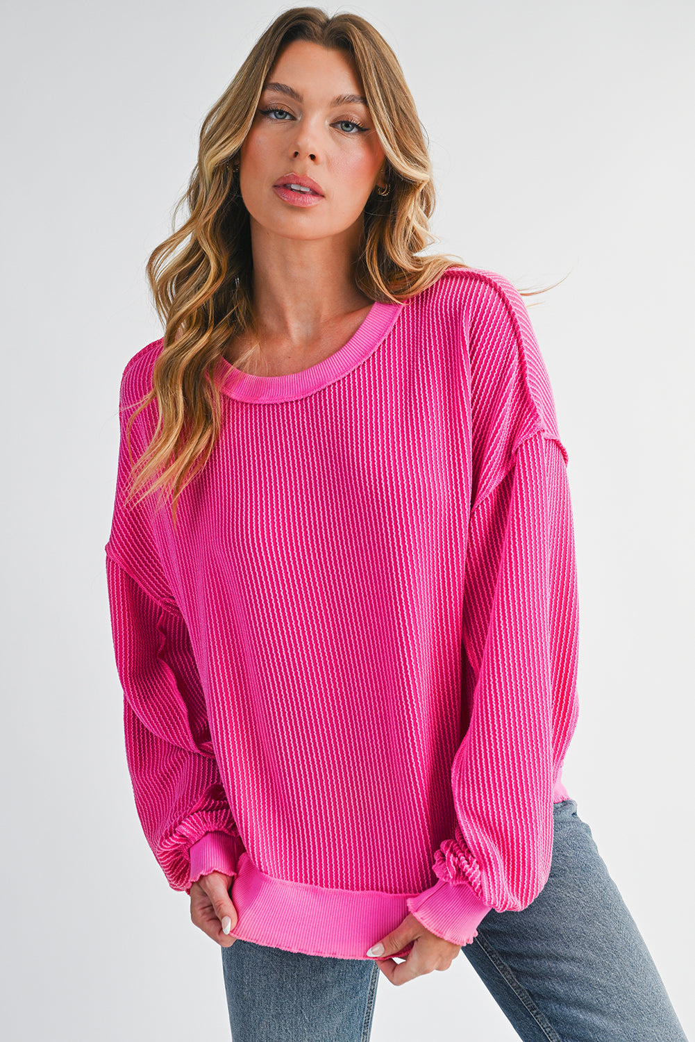 Strawberry Pink Twisted Ribbed Seamed Patchwork Long Sleeve Top