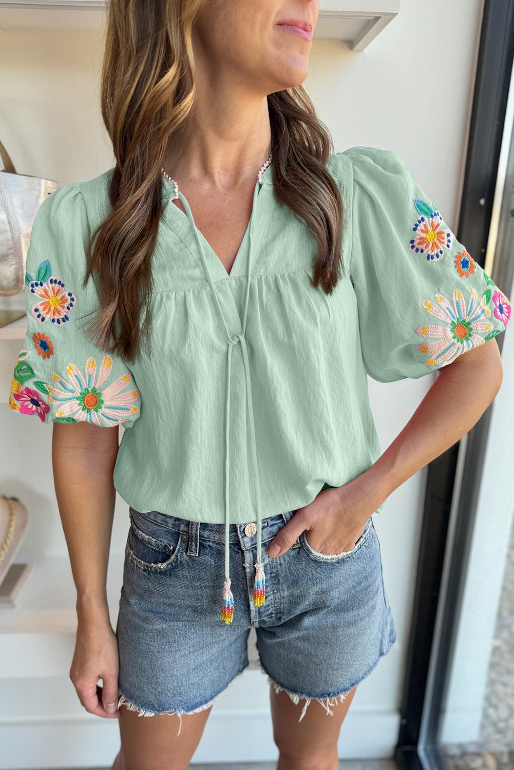 Clearly Aqua Floral Embroidered Puff Sleeve Split Neck Blouse