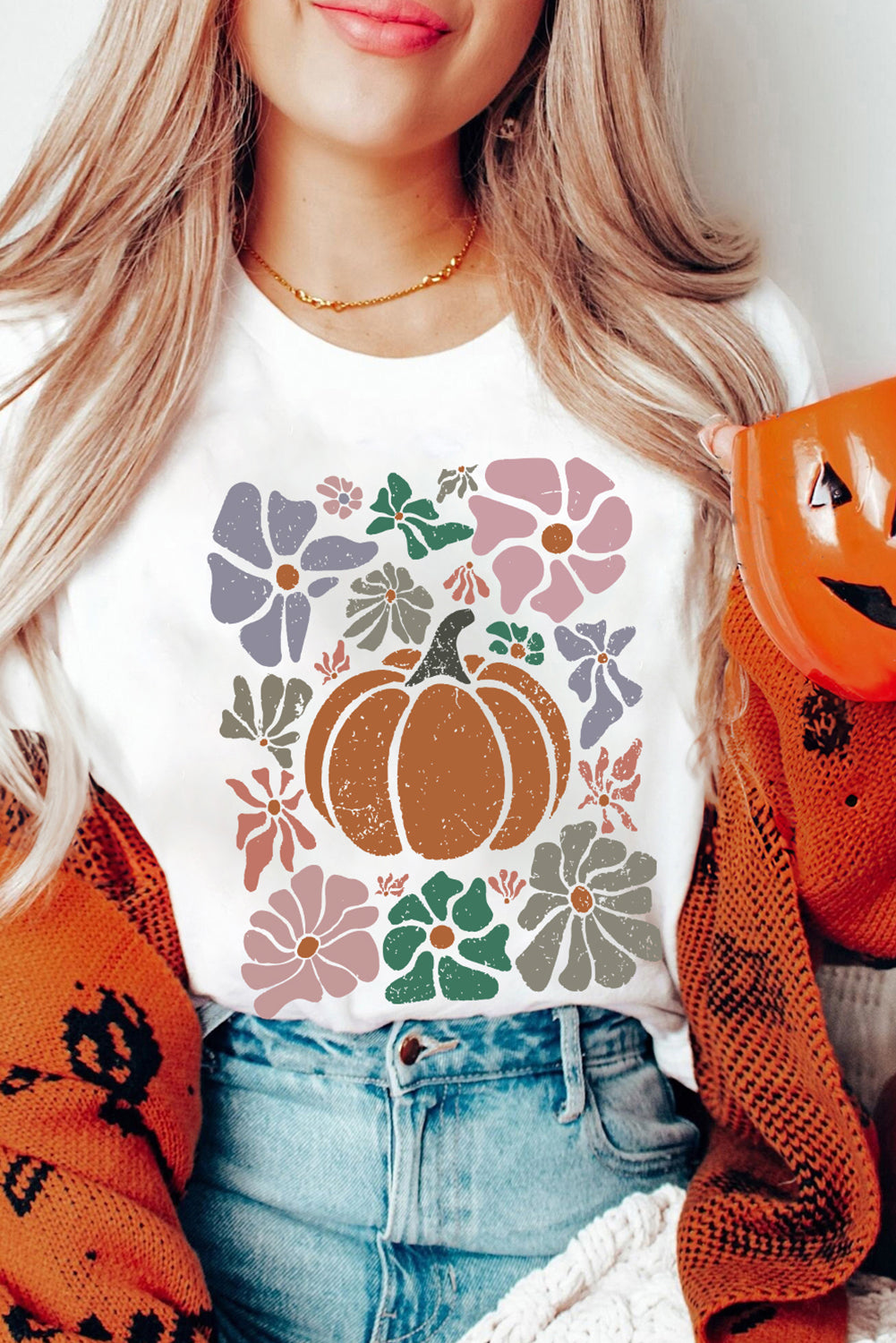 White Flower Pumpkin Distressed Graphic T Shirt