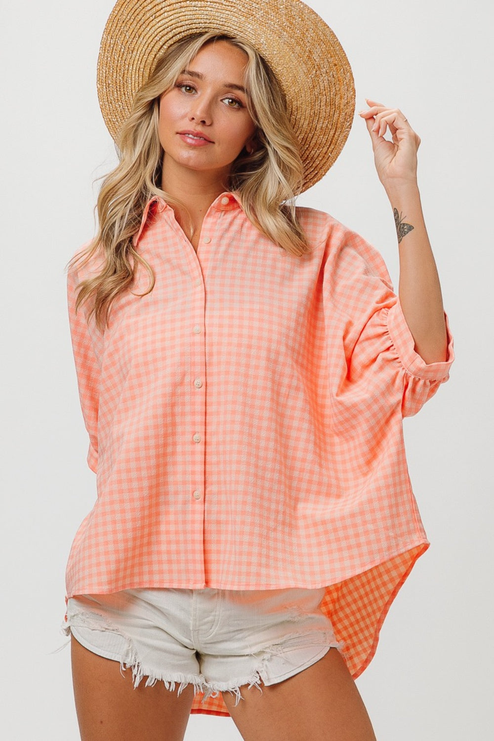 BiBi Plaid Button Up Dolman Sleeve Shirt-2