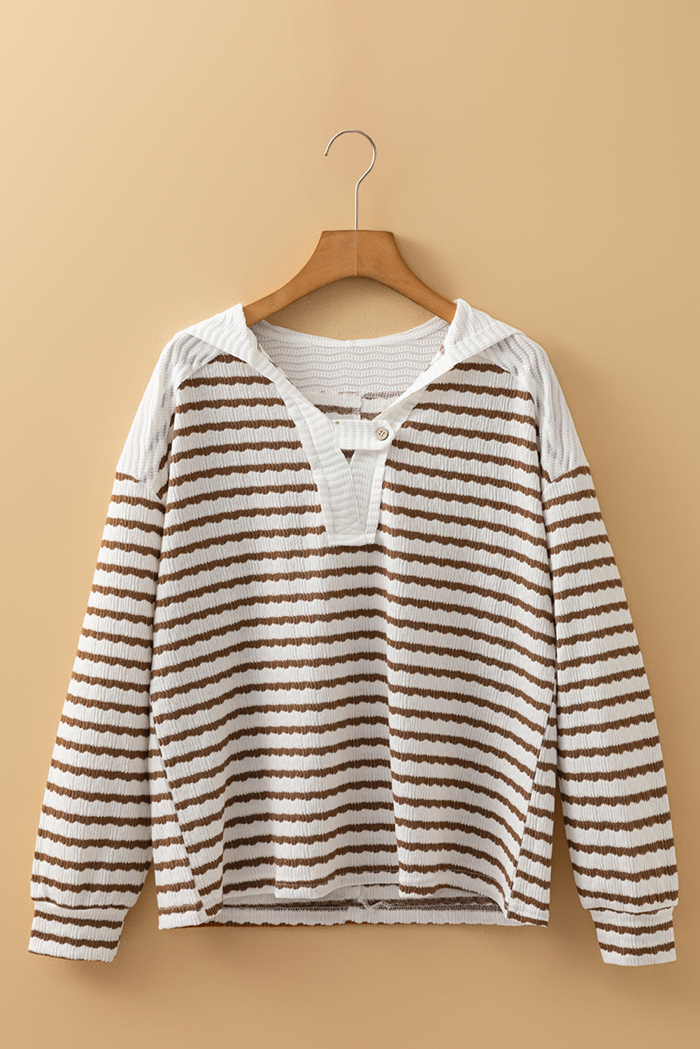 Khaki Stripe Textured Hooded Long Sleeve Top