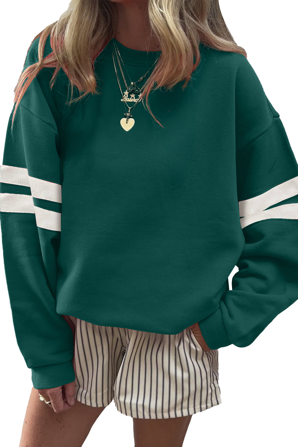Evergreen Preppy Striped Sleeve Loose Sweatshirt