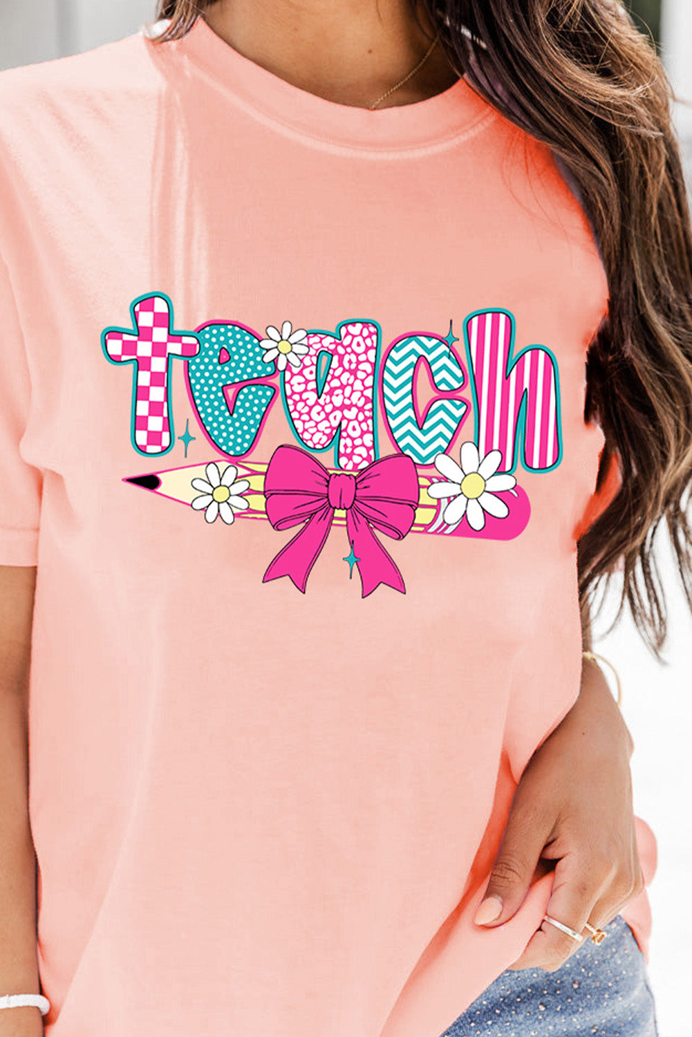 Pink Retro Checkered teach and Bow Pencil Graphic T Shirt