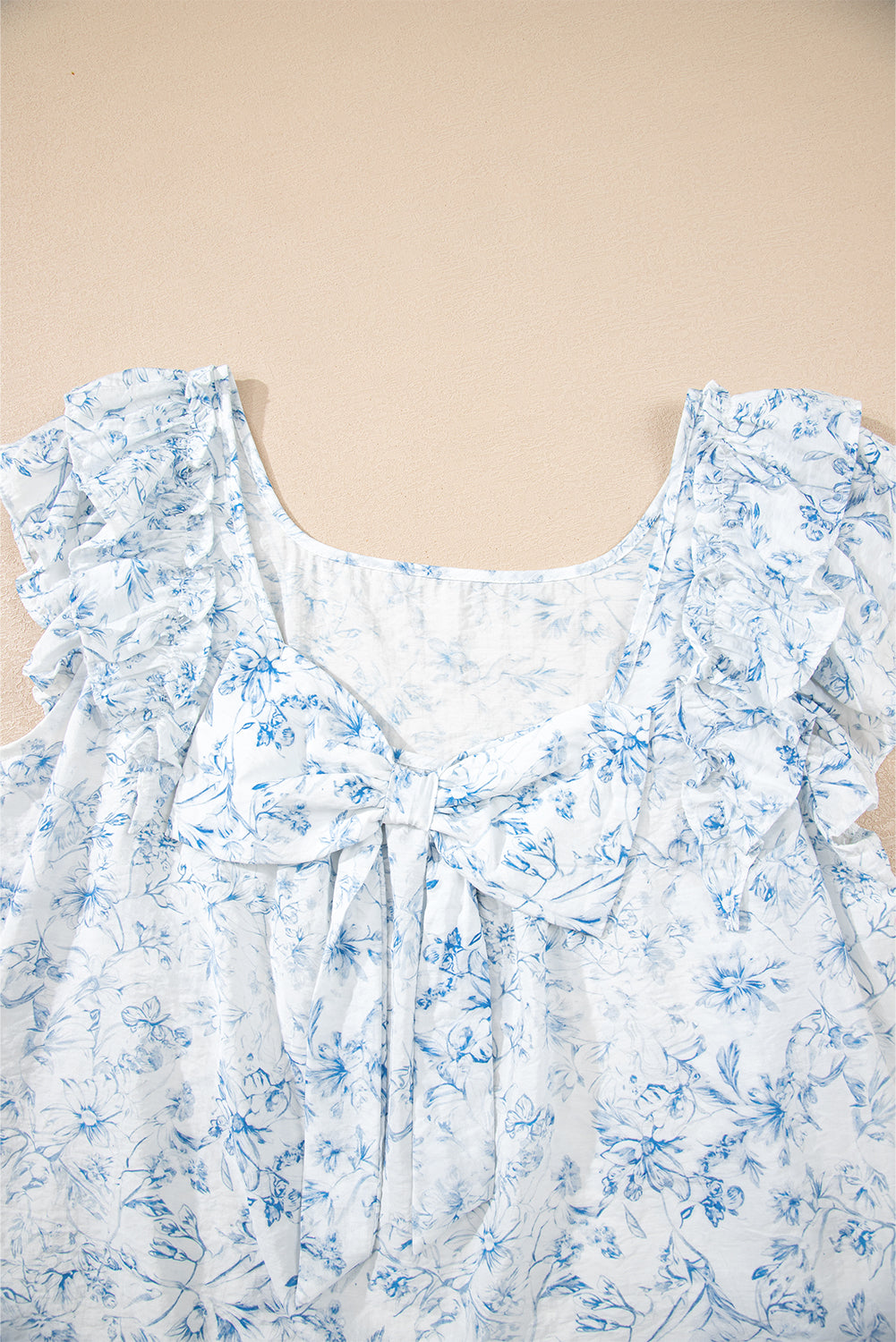 Sky Blue Floral Ruffle Short Sleeve Bow Back Blouse