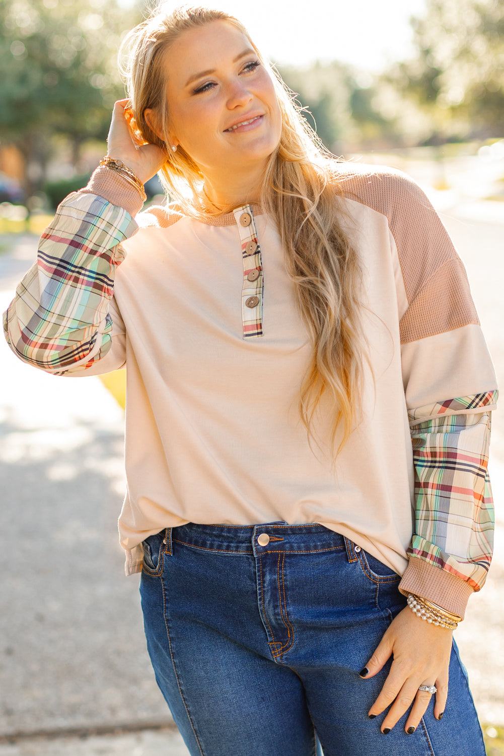 Parchment Plus Size Plaid Waffle Patchwork Henley Top