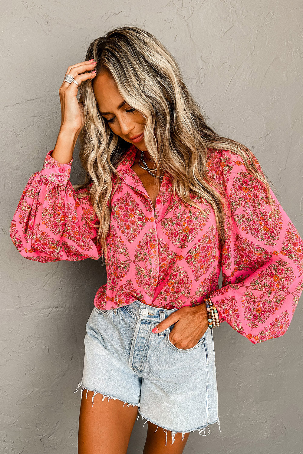 Strawberry Pink Floral Print Collared Button Up Puff Sleeve Shirt