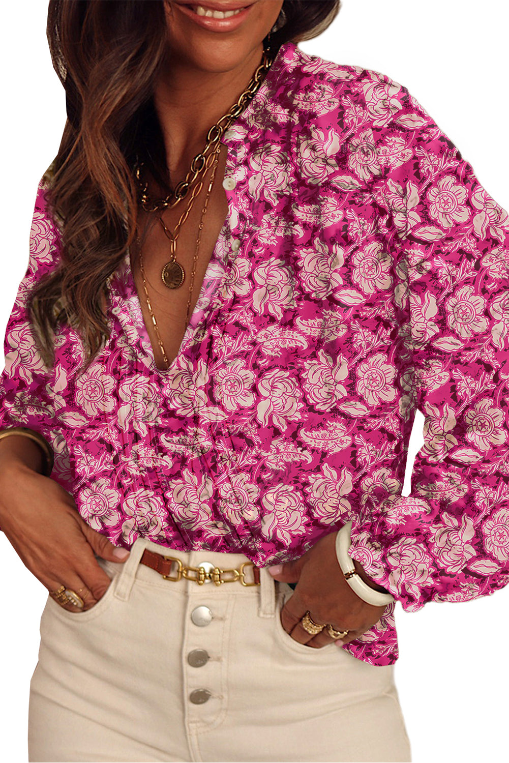 Pink Floral Print Split Neck Pleated Puff Sleeve Blouse