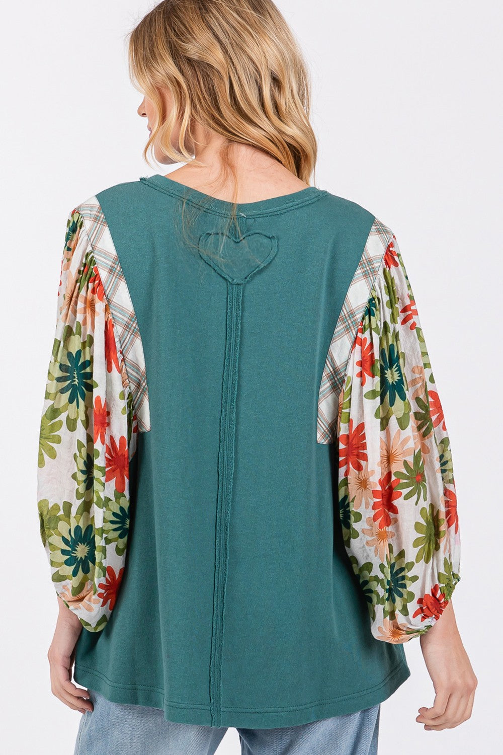 SAGE + FIG Full Size Printed Balloon Sleeve Contrast Top-1