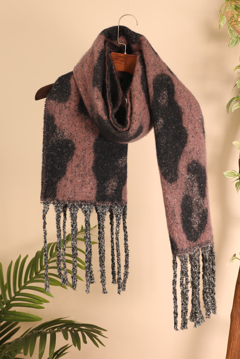 Desert Rose Leopard Print Fringe Scarf