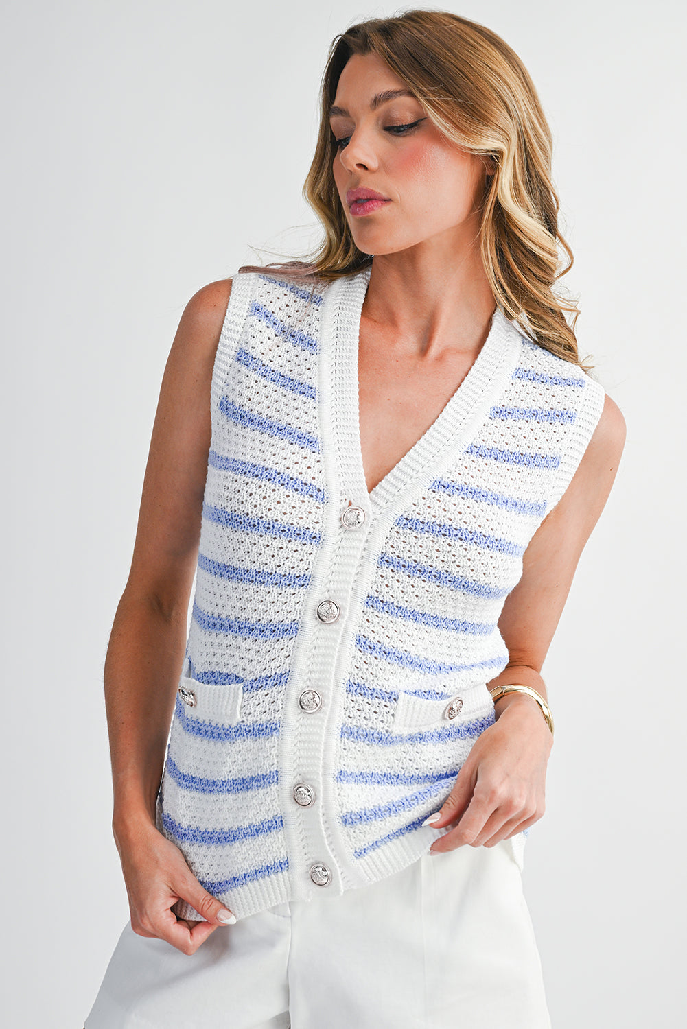 Sky Blue Striped V Neck Button Knit Vest