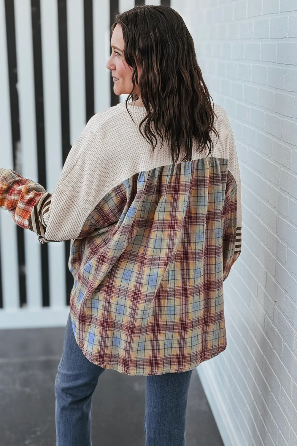 Parchment Plus Size Waffle Striped Plaid Patchwork Henley Pullover