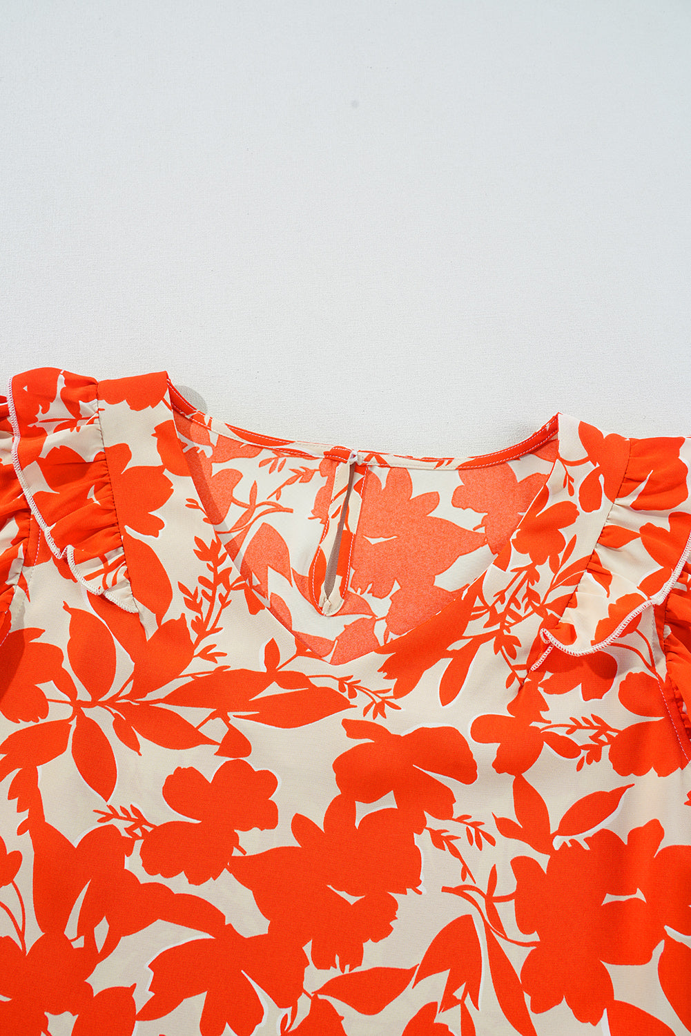 Orange Floral Print Ruffle Sleeve V Neck Top
